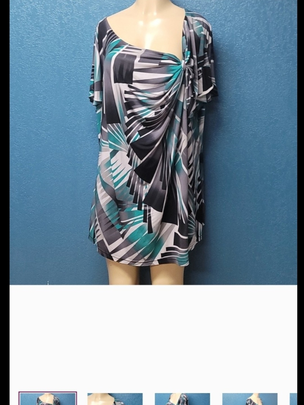 Worthington Teal, Gray & Black Geometric Ruched Mini Dress